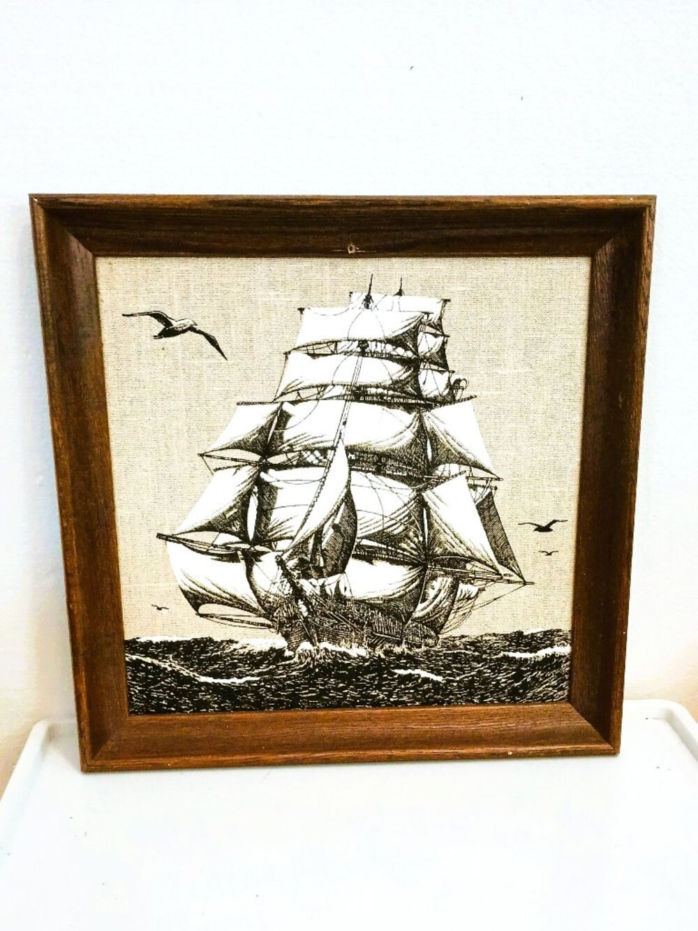 Vintage Kay Dee Clipper Ship Picture Framed Black & White Linen Print Sailboat